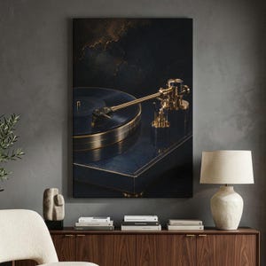 Tableau sur toile style platine vinyle, décoration murale audiophile, platine vinyle de luxe, art musical or et bleu marine, décoration murale de bureau, style vintage image 2