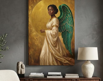 Black Angel Canvas Print, African American Wall Art, Spiritual Woman with Emerald Wings, Gold Halo Religious Decor, Divine Celestial Art