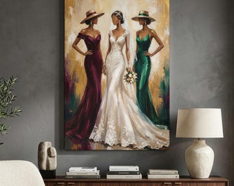 Bride And Bridesmaids Canvas Print, Elegant Wedding Wall Art, Emerald Green Burgundy Gown Decor, Modern Bridal Party Fashion Illustration