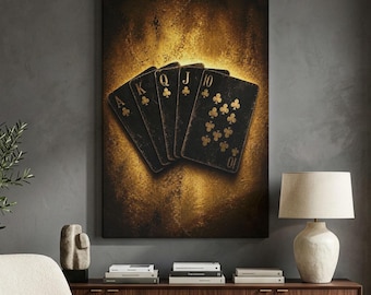 Impression sur toile Royal Flush Poker, Décoration murale Black Gold Casino, Décoration de salle de jeux, Art sombre pour repaire masculin, Affiche de cartes à jouer, Décoration murale de bar