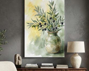 Olive Branch Canvas Print, Mediterranean Wall Art, Rustic Botanical Decor, Italian Farmhouse Kitchen Artwork, Green Olive Branch Vase