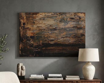 Rustic Abstract Canvas Print, Textured Brown Wall Art, Dark Moody Industrial Decor, Earth Tone Large Canvas, Modern Wabi Sabi Art