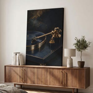 Tableau sur toile style platine vinyle, décoration murale audiophile, platine vinyle de luxe, art musical or et bleu marine, décoration murale de bureau, style vintage image 5