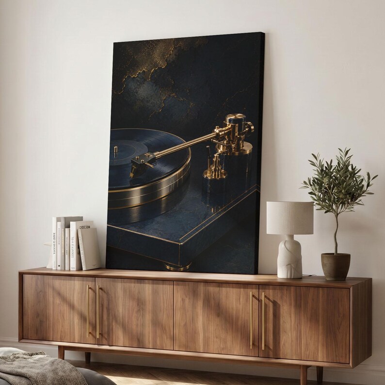 Tableau sur toile style platine vinyle, décoration murale audiophile, platine vinyle de luxe, art musical or et bleu marine, décoration murale de bureau, style vintage image 5