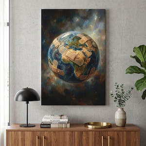May include: A rectangular wall art print depicting a spherical Earth globe covered in multiple tan adhesive bandages. The globe is set against a dark, swirling nebula background with shades of blue, brown, and deep space black colors.