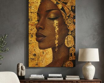 Black Woman Gold Leaf Wall Art Canvas Print, African Queen Portrait, Textured Glam Gold Foil Artwork, Afrocentric Living Room Decor