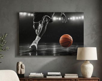 Basketball Canvas Print, Sports Wall Art, Black And White Athlete Decor, Modern Basketball Poster, Minimalist Sporty Room Gym Wall Decor