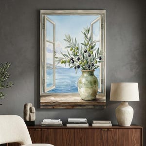 May include: A watercolor painting depicting an open window overlooking a blue sea. A ceramic vase filled with olive branches featuring green and black olives sits on a wooden windowsill. The scene captures a bright sky with soft clouds.