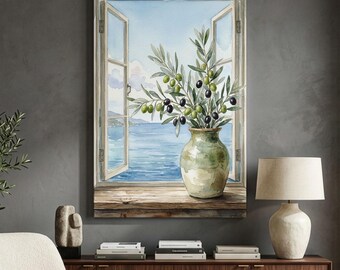 Olive Branch Wall Art, Mediterranean Window Canvas Print, Coastal Sea View Decor, Rustic Kitchen Artwork, Italian Summer Home Decor
