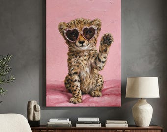 Cute Cheetah Cub Canvas Print, Pink Heart Sunglasses Wall Art, Preppy Animal Decor, Girly Room Aesthetic, Waving Leopard Poster