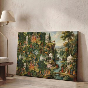 May include: A rectangular canvas print featuring a detailed landscape painting with lush green trees, white domed pavilions, and numerous small figures in colorful traditional attire. A winding river flows through the scene, with a deer standing on a cliff.