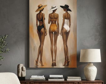 Black Women Beach Wall Art Canvas Print, Chic Summer Fashion Decor, African American Girls Artwork, Neutral Boho Glam Resort Wall Art