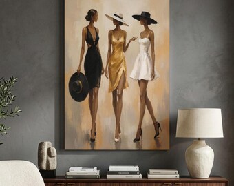 Fashion Women Canvas Print, Elegant Ladies Wall Art, Chic Dressing Room Decor, Modern Beige Glam Artwork, Stylish Girls Wall Decor