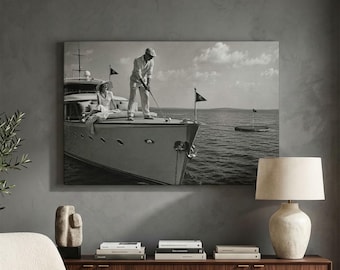 Impression sur toile vintage sur le thème du golf et des yachts, art mural « vieille fortune », photographie rétro en noir et blanc, décoration côtière luxueuse, impression pour un repaire masculin preppy