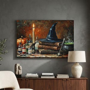 May include: A rectangular wall art print depicting a dark, atmospheric scene with a black witch hat resting on a stack of three books labeled Peptides, How to Lose Weight, and Longevity and Biohacking, alongside a candle, potion bottles, and a cauldron.