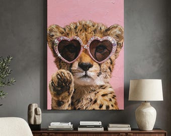Cute Cheetah Canvas Print, Pink Animal Wall Art, Girly Cheetah With Heart Sunglasses, Preppy Dorm Decor, Trendy Maximalist Room Art