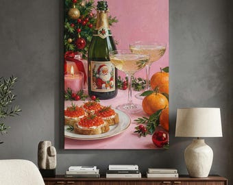 Vintage Christmas Champagne Canvas Print, Pink Holiday Wall Art, Festive Cocktail And Caviar Decor, Retro Santa Kitchen Bar Art - Digital