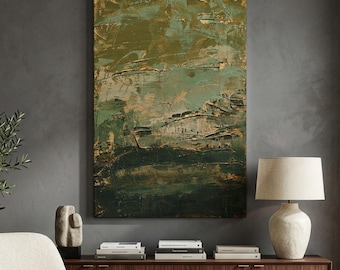 Sage Green Abstract Canvas Print, Textured Gold Leaf Wall Art, Earthy Olive Green Modern Decor, Dark Moody Landscape Canvas, Wabi Sabi Art