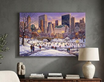 Central Park Winter Canvas Print, NYC Ice Skating Wall Art, Snowy City Skyline Decor, Cozy Christmas Cityscape, Winter Holiday Gift