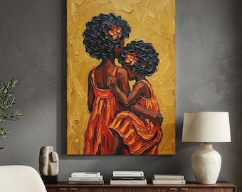 Black Women Wall Art, Mother Daughter Canvas Print, Afrocentric Decor, African American Art, Modern Gold Portrait, Textured Art, Afro