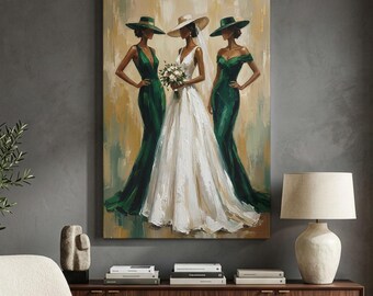 Emerald Green Bridesmaid Canvas Print, Bride And Bridal Party Wall Art, Elegant Wedding Fashion Decor, Chic Fashion Illustration