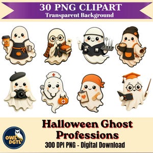 alloween Ghost Professions Clipart-paket, söt karriärspöke PNG CA0100
