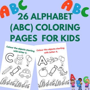 Pode incluir: Um conjunto de 26 páginas de colorir do alfabeto para crianças com o texto 26 ALPHABET (ABC) COLORING PAGES FOR KIDS. Duas páginas de exemplo mostram ilustrações de objetos que começam com as letras C e A, incluindo um gato e uma maçã.