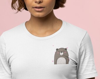 Cute Bear in A Pocket T-Shirt, Bear Tee, T-Shirt for Teen Women Men, Cute Bear with Hearts, Pocket Print T-Shirt, Unique Animal T-Shirt Gift