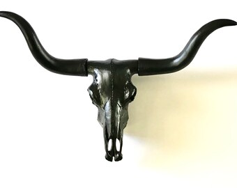 ReADY 2 SHiP, BLACK, LaRGE Cow Skull Wall Mount, Faux Cow Skull, Longhorn Wall Mount, Cow Wall Art, Large Skull,Painted Skull,Mounted Animal