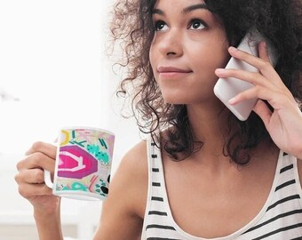 Modern Abstract Mug, Ceramic Mug 11 oz, Bright Colored Mug, Happy Mug, Mug for Her, Multicolored Mug,Pink and Blue Mug, Cute Kids Mug,