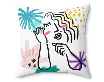 Modern Abstract Art Square Pillow for Living Room, Colorful Throw Pillow with Resting Woman, Trending Home Gift, Gift for Teen, Gift for Mom
