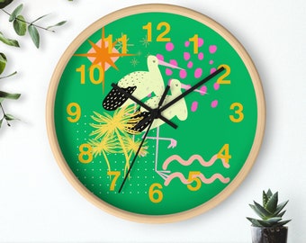 The Two Herons Modern Wall Clock with Numbers, Green Wall Clock with Birds, Modern Bird Wall Clock, Animal Lovers Gift, Modern Kids Clock