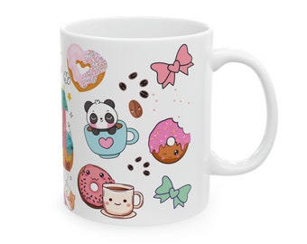Sweet Treats and Coffee Mug, Cute Foodie Mug, Coffee and Donuts Ceramic Mug 11 oz,Sweet Cat and Panda Mug with Dessert for Teens Girlfriend