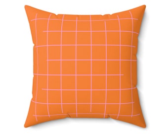 Modern Grid Line Pillow, Pillow for Living Room, Minimalist Pillow, Colorful Pillow, Orange Throw Pillow, Orange w Light Pink Lines Cushion