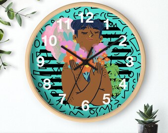 Islander Wall Clock, Tropical Paradise, Gift for Him Her, Housewarming Gift, Modern Apartment Wall Decor, Black Stripes Turquoise Pink Clock