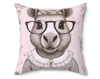 Miss Capybara mit Brille und hübschem Kleiderkissen, süßes Tierkissen, Kissen für Wohnzimmer, Kinderzimmer, Einweihungsgeschenk, Cottage-Kissen