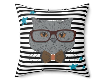 Die Gelehrte Katze mit der Nerdy Brille Quadratisches Kissen für Wohnzimmer, schwarzweiß gestreiftes Kissen, lustiges Geschenk, wählen 14x14 16x16 18x18 20x20