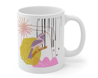 Modern Art Ceramic Mug 11 oz., Coffee Cup, Mug with Bird, Modern Office Mug, Mug with Pink Green Black, Gift for Her, Housewarming Gift. Tea