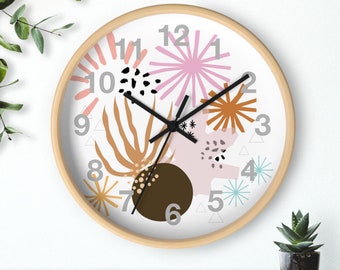 Boho Modern Wall Clock, Boho Home Decor, Boho Modern Wall Art Decor, Gift for Her, Brown Pink Rust Light Blue, Contemporary Silent Clock