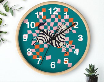Prancing Zebra Checkered Pattern Wall Clock, Modern Wall Clock w Numbers, Animal Wall Clock for Kids Room, Nursery Decor Clock, Office Clock