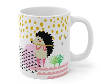 Cute Ceramic Mug 11 oz., Colorful Coffee Cup, Artsy Modern Mug for Office, Cute Animal Mug, Porcupine with Flute,  Modern Kids Mug w Animal