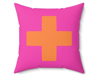 Heet roze kussen met oranje kruis, modern kussen voor woonkamer, minimalistisch kussen, felgekleurd kussen, meisjeskussen, eclectisch kussen