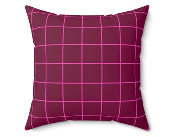 Modern Pillow for Living Room, Grid Line Pattern Pillow, Maroon with Hot Pink, Minimalist Pillow, Square Throw Pillow, Gift for Her or Him