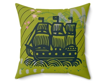 Sailing Ship Pillow, Modern Pillow for Living Room, Housewarming Gift, Pillow for Kids Room, Chartreuse Green Throw Pillow, Nautical Cushion