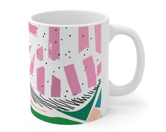 Ceramic Mug 11oz, Modern Mug, Cute Mug, Artsy Mug Colorful Mug, Happy Mug, Mug Gift for Her, Pencil Holder, Pink and White Mug Coffee Cup