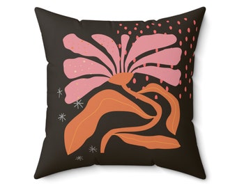 Flower Pillow, Boho Brown Pillow for Living Room, Nature Throw Pillow, Folk Art, Artwork Pillow, Decorative Pillow, Dark Brown Orange Pink