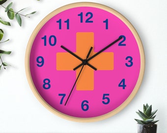 Minimalistische Wanduhr, moderne Uhr Hot Pink mit Kreuz oder Pluszeichen, vereinfachte Uhr, Uhr in hellen Farben, Uhr mit Zahlen, stille Uhr,