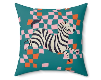 Prancing Zebra Square Pillow for Living Room, Teal Pillow with Animal, Checkered Square Pillow, Kids Pillow, Choose 14x14 16x16 18x18 20x20