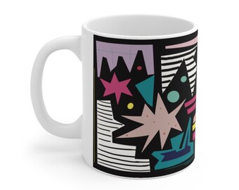 Artsy Ceramic Mug 11oz, Modern Mug Gift for Him, Gift for Her Colorful Mug, Black Mug, Happy Mug, 60s Style Tropical Art, Abstract Art Gift