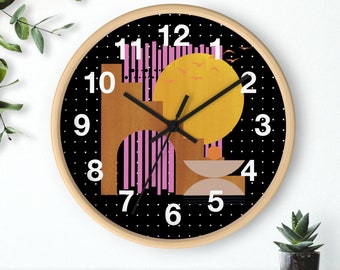 Modern Wall Clock with Numbers, Silent Wall Clock, Black Pink Brown Mustard White Pokka Dots Clock, Modern Sunset Clock, Gift for Him or Her